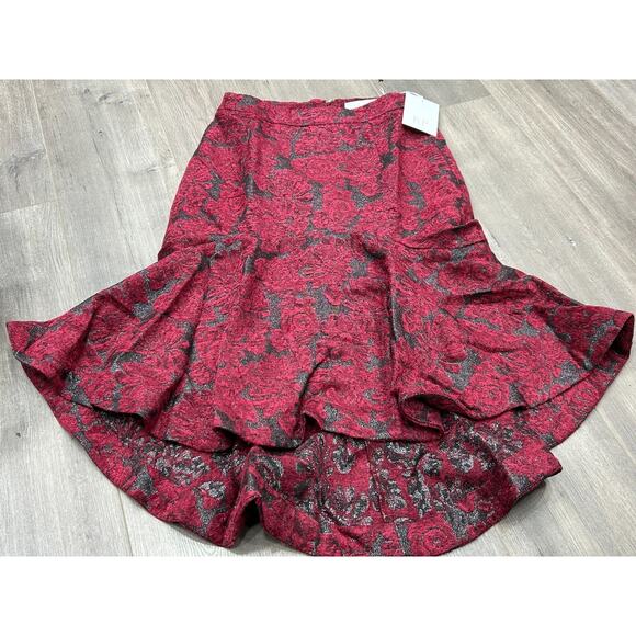 NWT Rachel Parcell Womens Red Metallic Floral Hi-Low Fit & Flare Skirt Size 6 - Picture 2 of 11